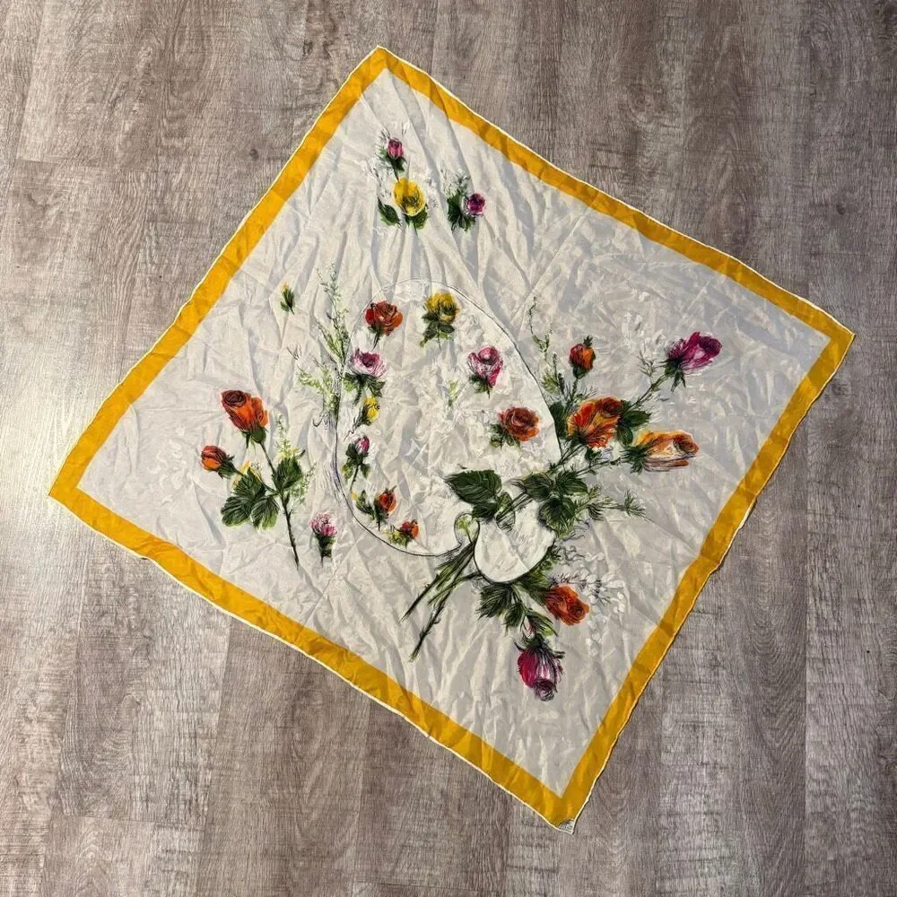 Printed Japan Yellow Silk Scarf Floral Rose Paint Art Yellow White Artist VTG